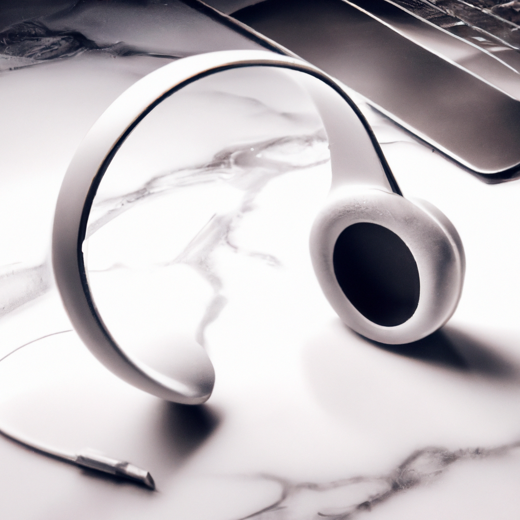 Минималистичное рабочее место с наушниками, мрамор и сталь, мягкий свет