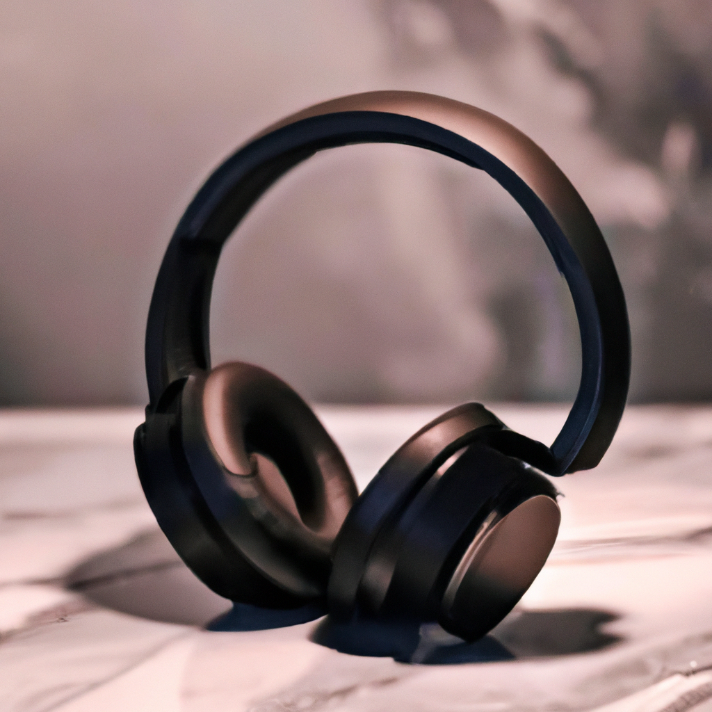 Aurora One — премиальные наушники на мраморном столе, тёплый свет, фотореализм