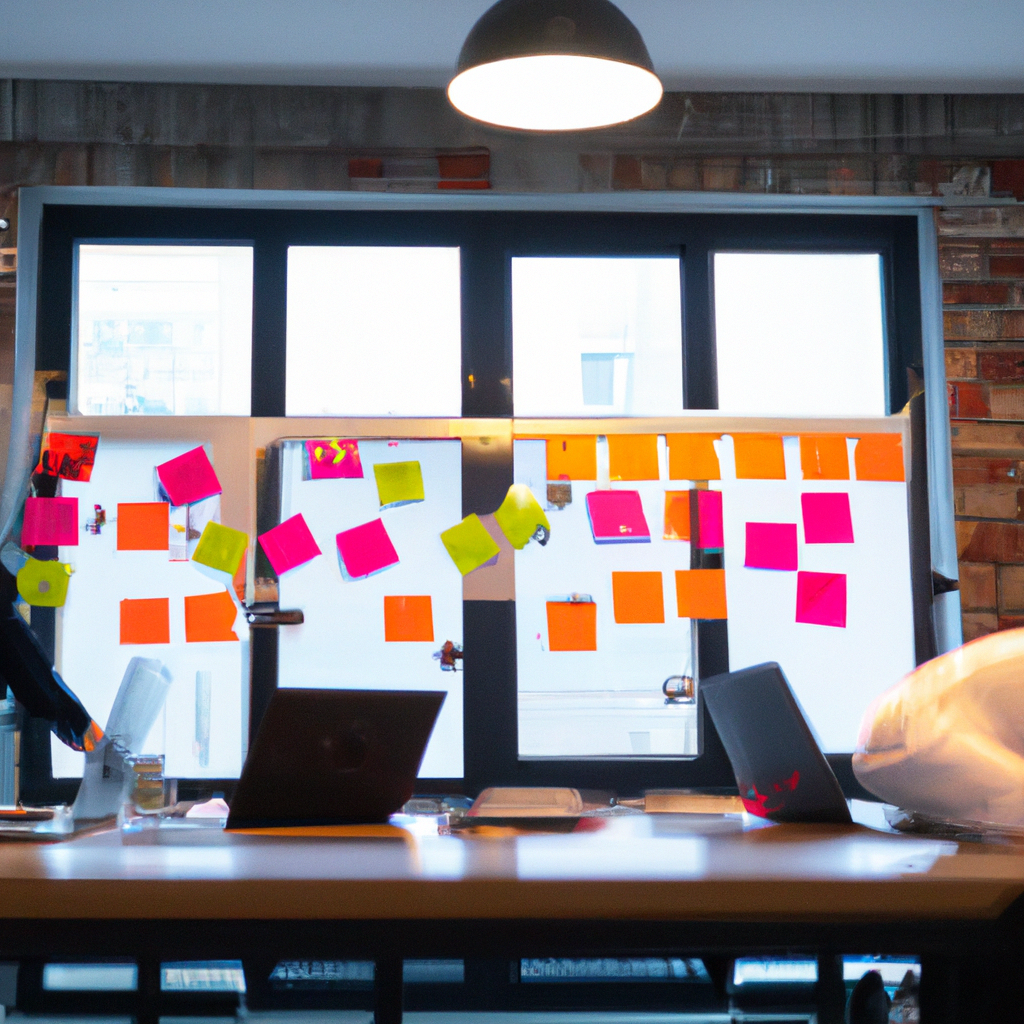 Командное пространство для совместной работы, ноутбуки, флипчарты и стикеры, мягкий дневной свет